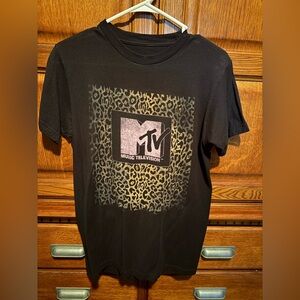 MTV Black Tee with Gold Leopard Graphic